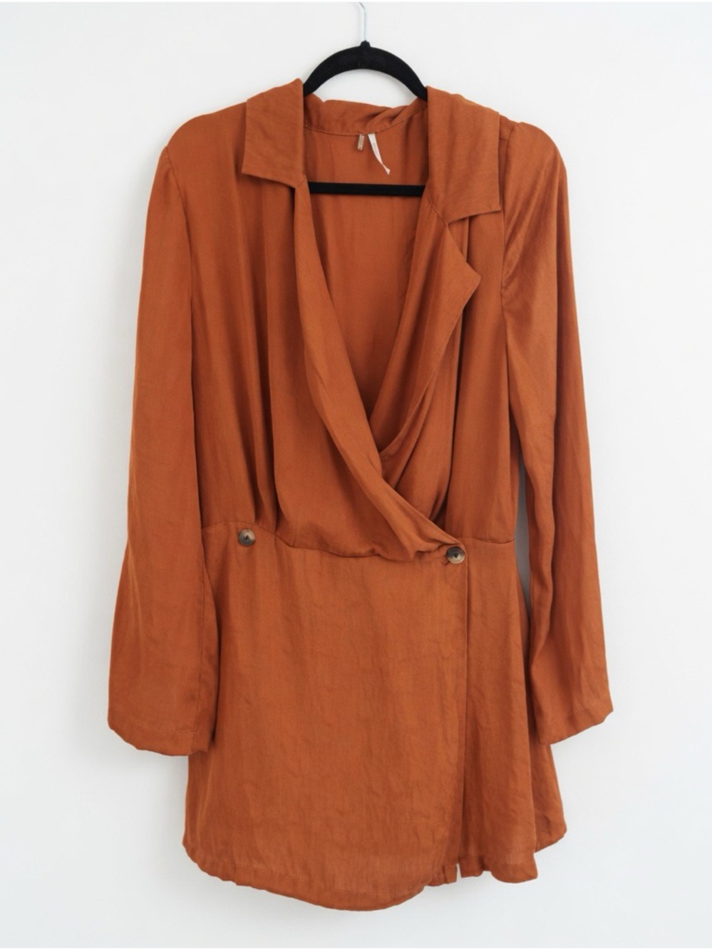 Free People Orange Long Sleeve Collared Wrap Front Shift Dress Tunic Size Large